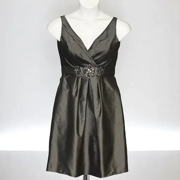 Vintage LAZARO Sleeveless Cocktail Dress Sz 10 Satin Jeweled Wedding Pewter Gray - Picture 2 of 15